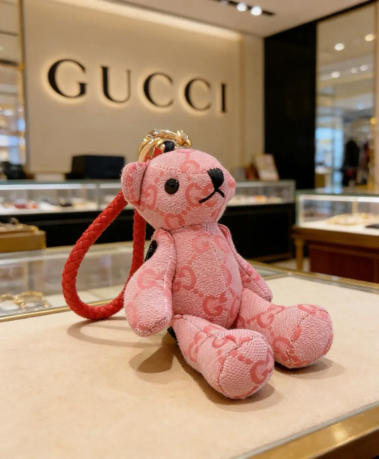 Gucci Teddy Bear Keychain Pink Black Plush GG Monogram Jacquard Fabric Handbag 8