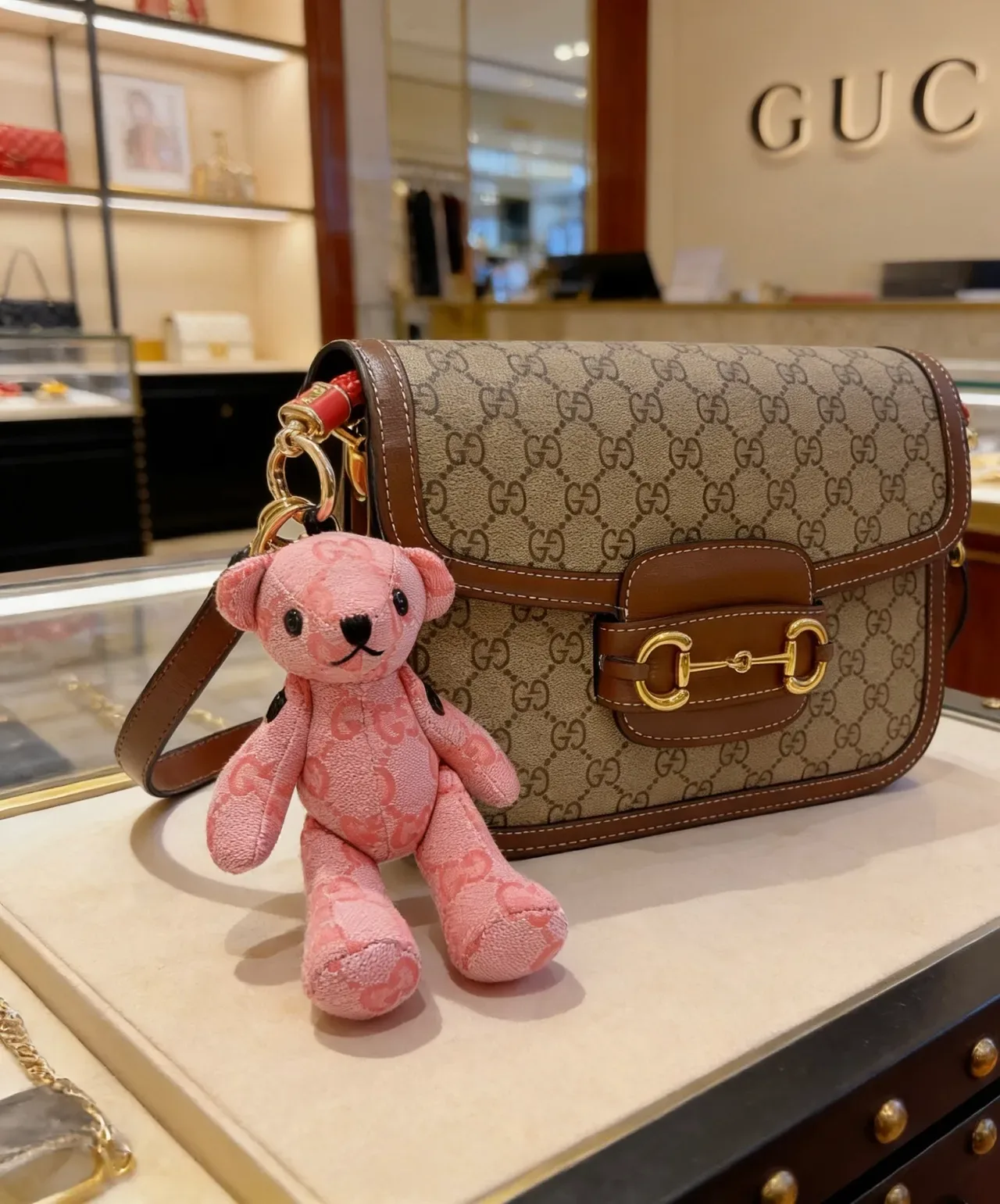 Gucci Teddy Bear Keychain Pink Black Plush GG Monogram Jacquard Fabric Handbag 9