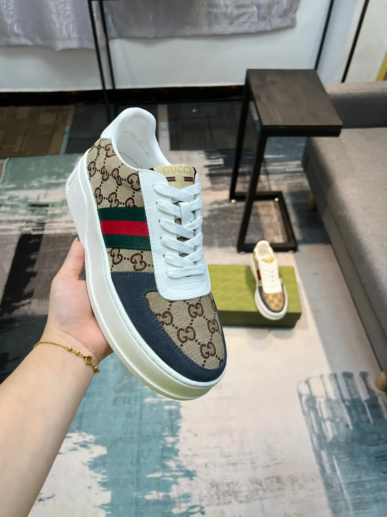 Gucci Tennis 1977 Beige Navy Web Platform Lifestyle Sneakers 6