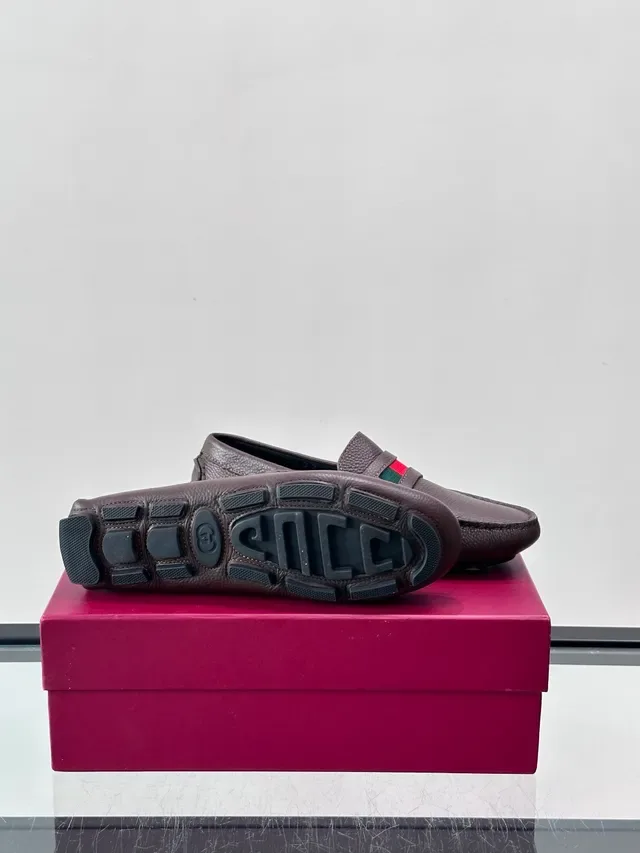 Gucci Web Loafer Brown Pebbled Leather Slip-On Loafers 2