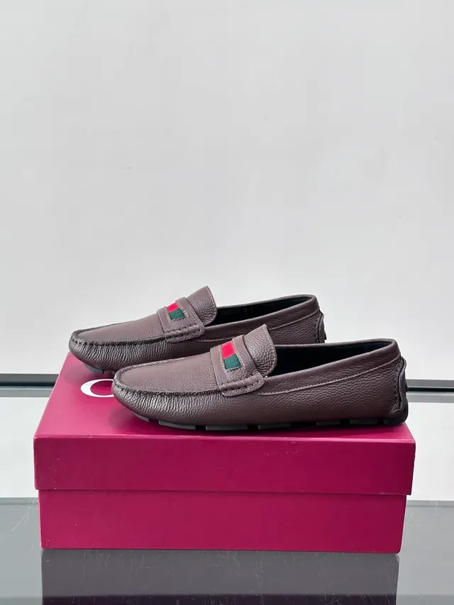 Gucci Web Loafer Brown Pebbled Leather Slip-On Loafers 5