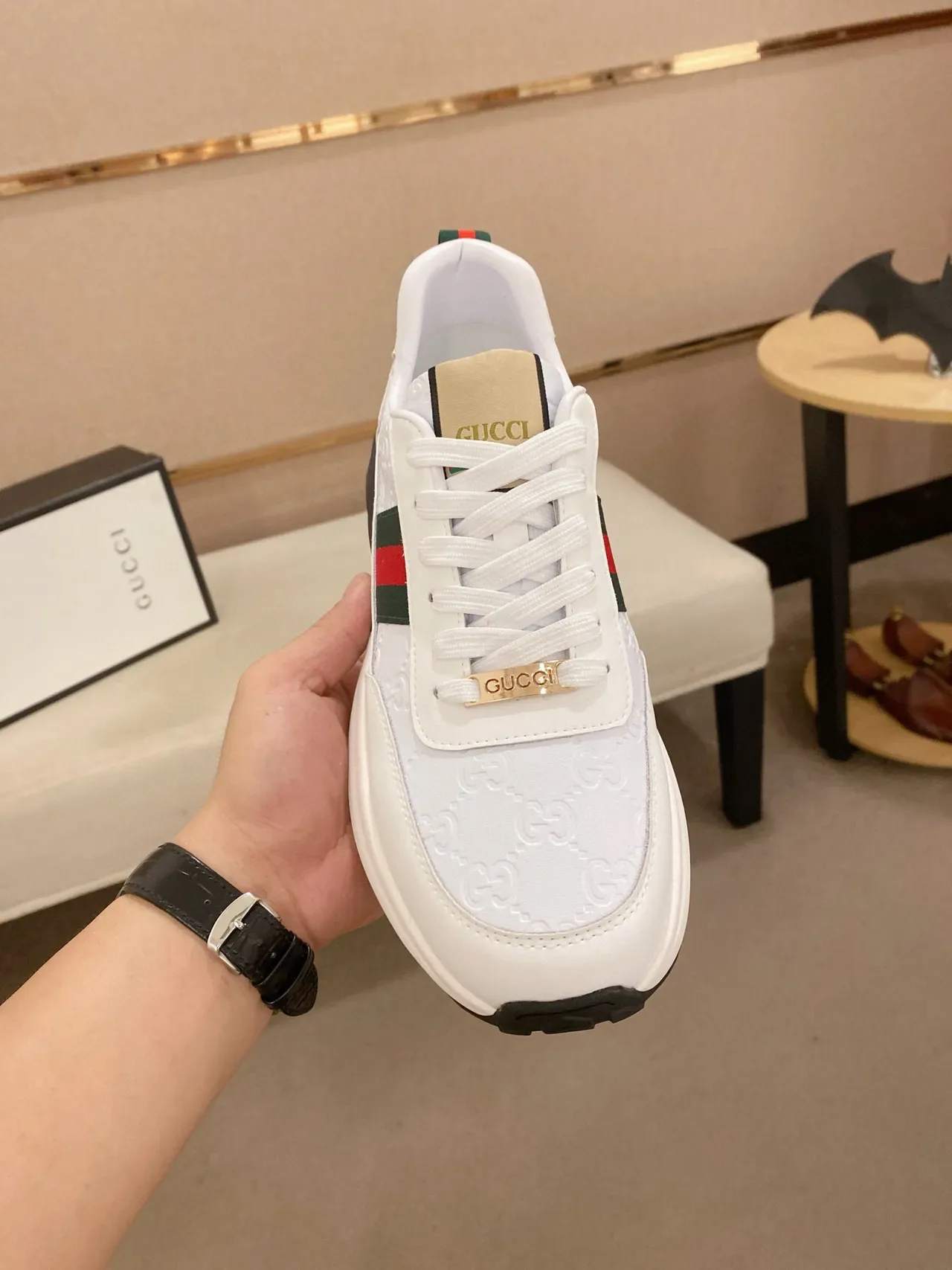 Gucci White Black Monogrammed Leather Web Stripe Accent Lifestyle Sneakers 2