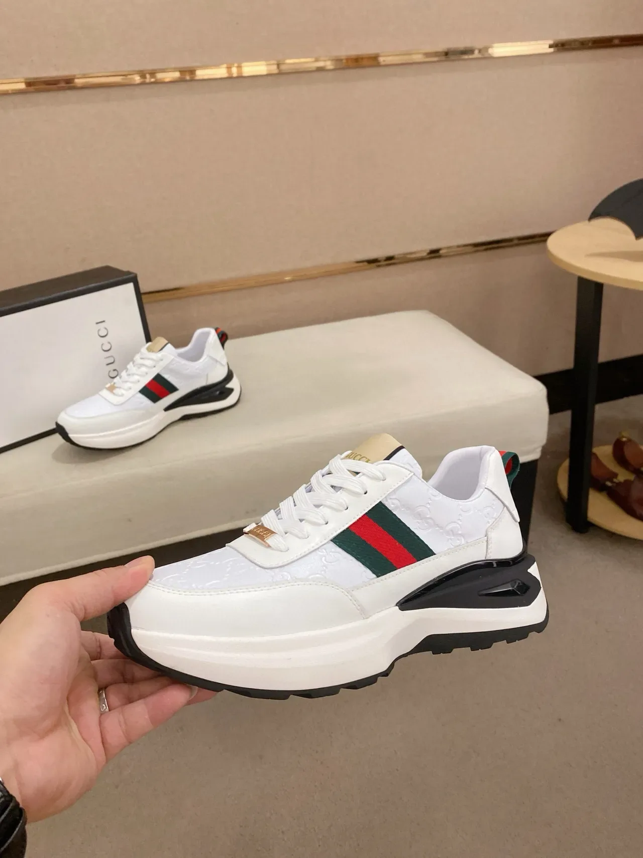 Gucci White Black Monogrammed Leather Web Stripe Accent Lifestyle Sneakers 3