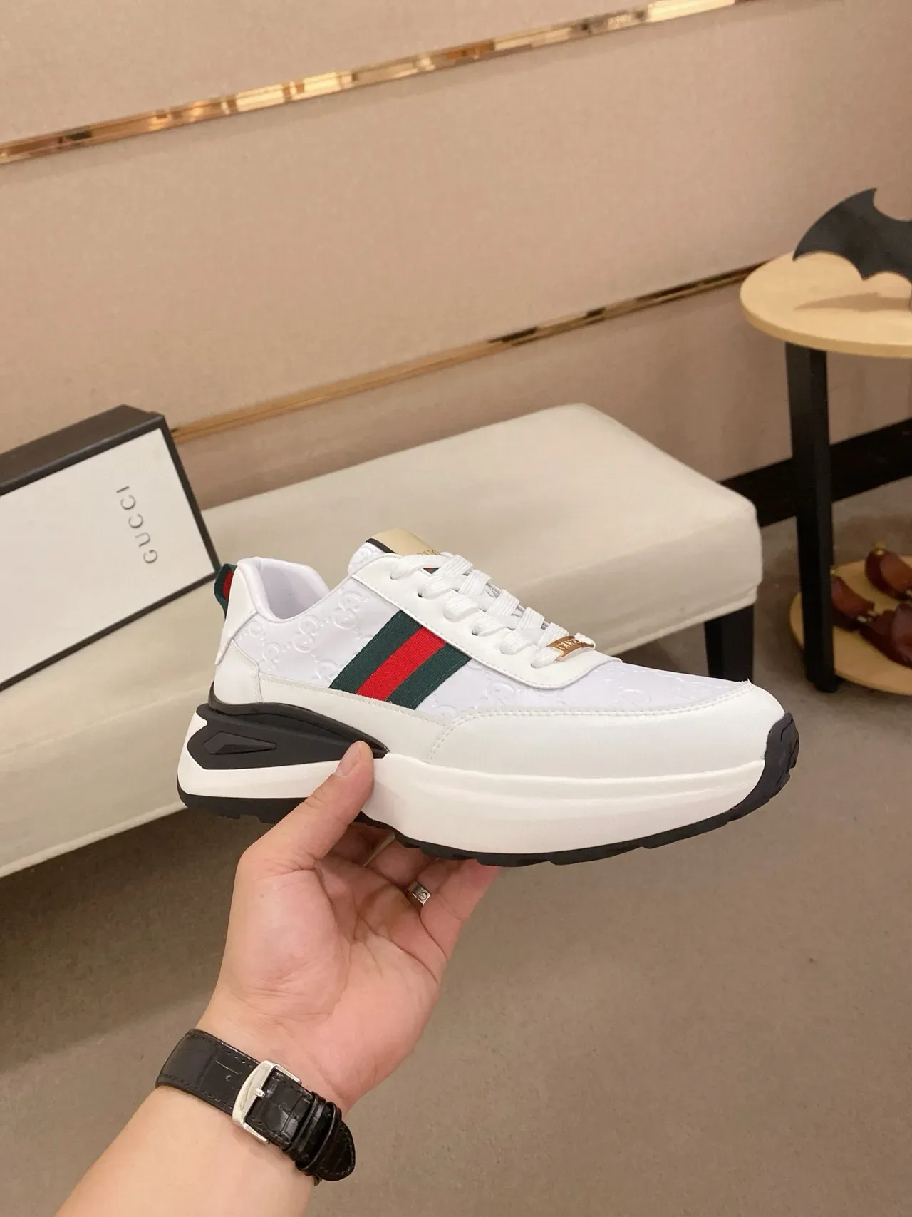 Gucci White Black Monogrammed Leather Web Stripe Accent Lifestyle Sneakers 4