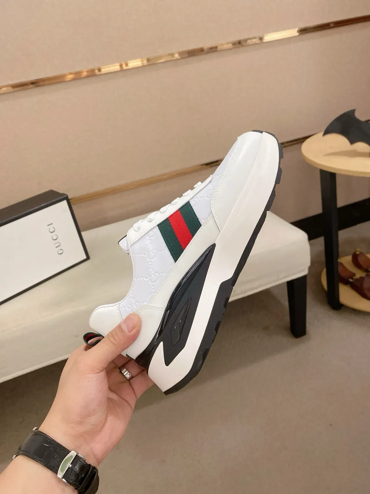 Gucci White Black Monogrammed Leather Web Stripe Accent Lifestyle Sneakers 5