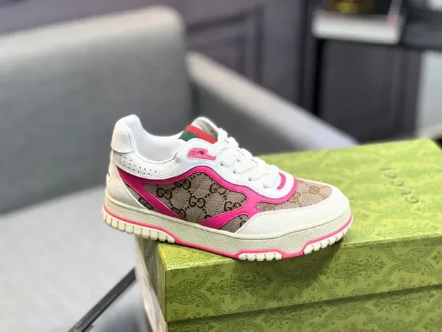 Gucci White Pink GG Monogram Canvas Contrast Piping Lifestyle Sneakers 2