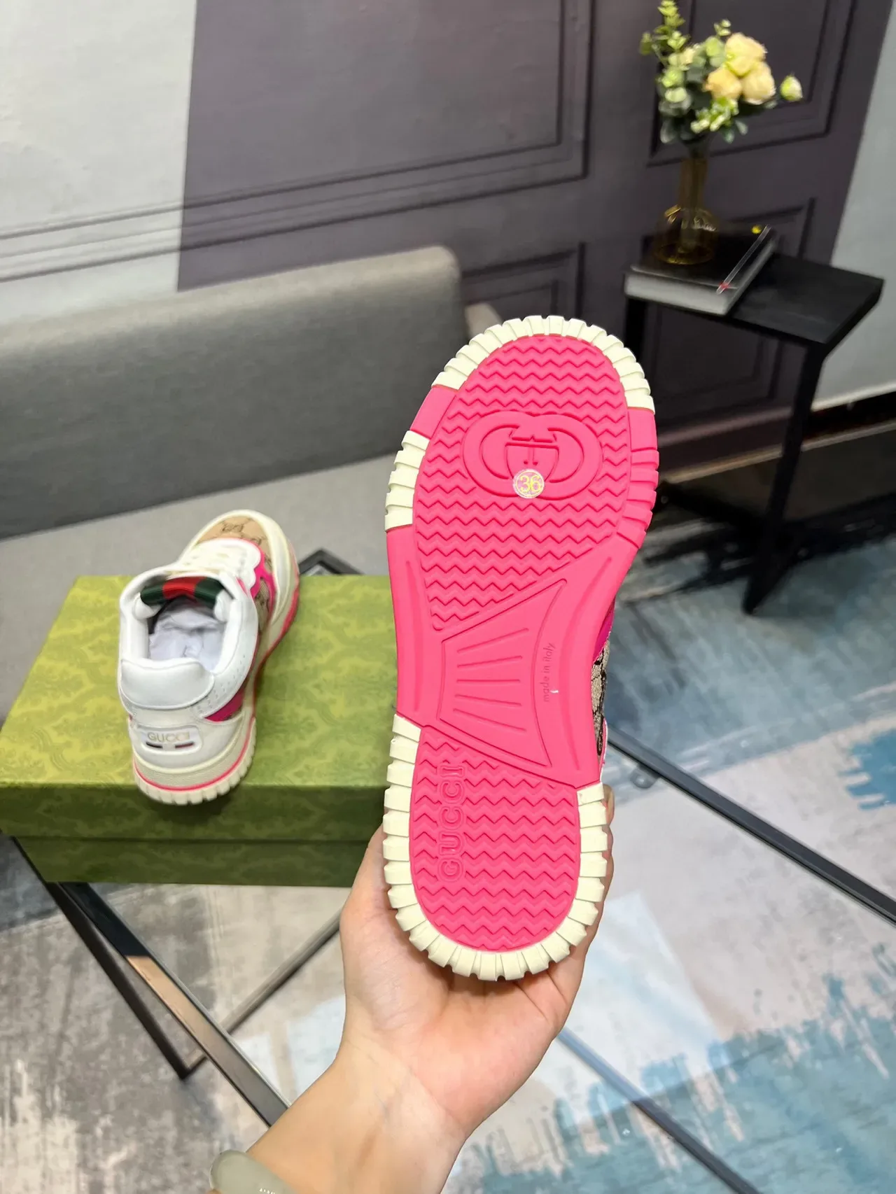 Gucci White Pink GG Monogram Canvas Contrast Piping Lifestyle Sneakers 5