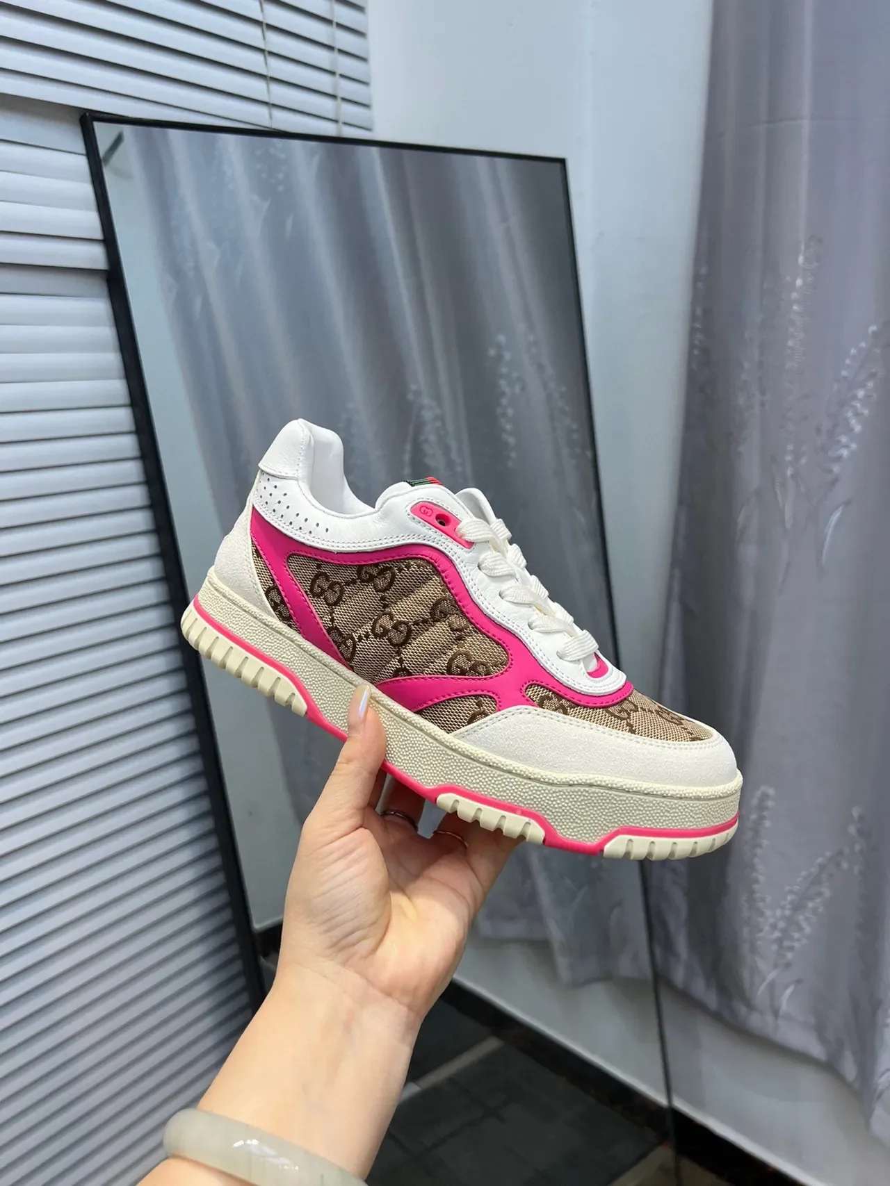 Gucci White Pink GG Monogram Canvas Contrast Piping Lifestyle Sneakers 6