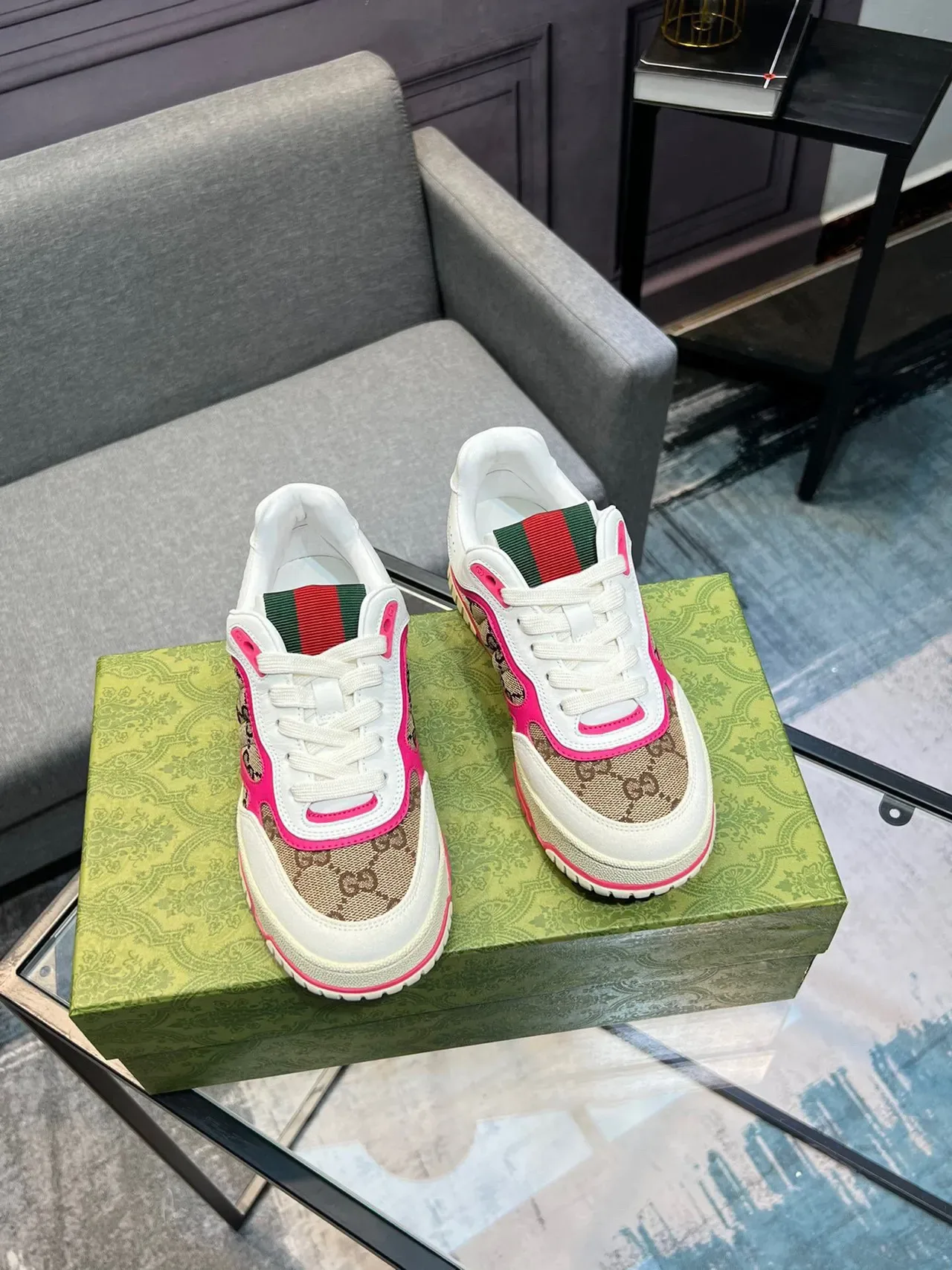 Gucci White Pink GG Monogram Canvas Contrast Piping Lifestyle Sneakers 7