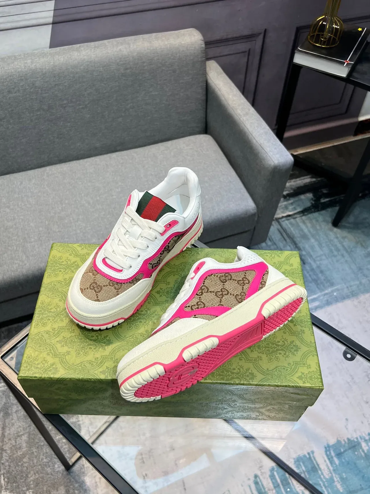 Gucci White Pink GG Monogram Canvas Contrast Piping Lifestyle Sneakers 8