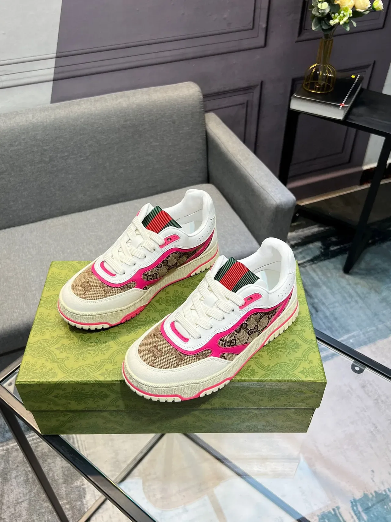 Gucci White Pink GG Monogram Canvas Contrast Piping Lifestyle Sneakers 9