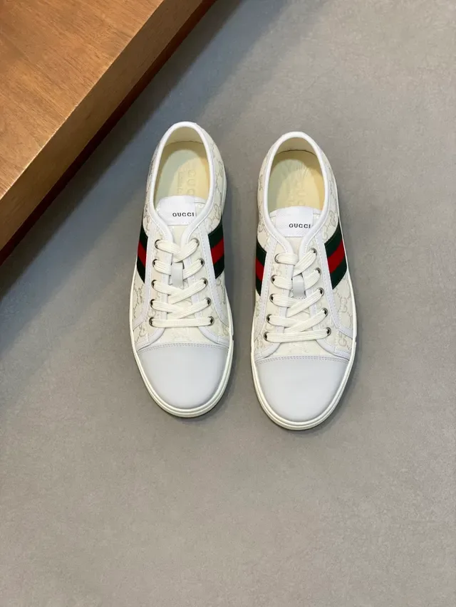 Gucci Branco e Vermelho GG Monogram Lona Couro Toe Cap Lifestyle Sneakers 5