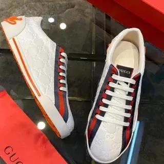 Gucci White Red Monogram-Embossed Leather Striped Side Panel Lifestyle Sneakers