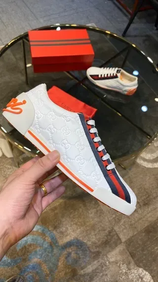 Gucci White Red Monogram-Embossed Leather Striped Side Panel Lifestyle Sneakers 2