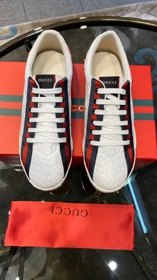Gucci White Red Monogram-Embossed Leather Striped Side Panel Lifestyle Sneakers 4