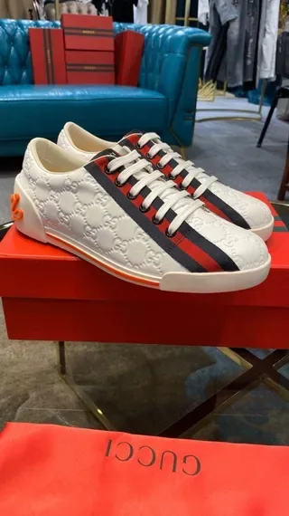 Gucci White Red Monogram-Embossed Leather Striped Side Panel Lifestyle Sneakers 5