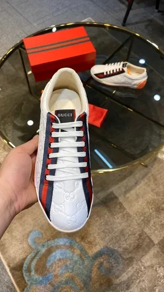 Gucci White Red Monogram-Embossed Leather Striped Side Panel Lifestyle Sneakers 6