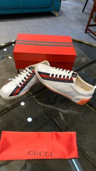 Gucci White Red Monogram-Embossed Leather Striped Side Panel Lifestyle Sneakers 7