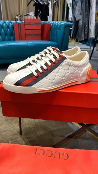 Gucci White Red Monogram-Embossed Leather Striped Side Panel Lifestyle Sneakers 8
