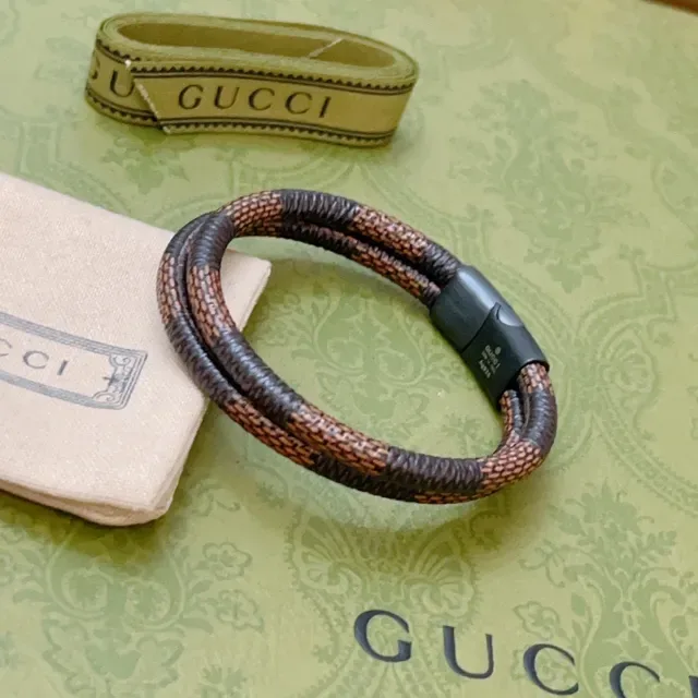 Gucci Woven Leather Bracelet Brown Beige Double-Wrap Bracelet 9