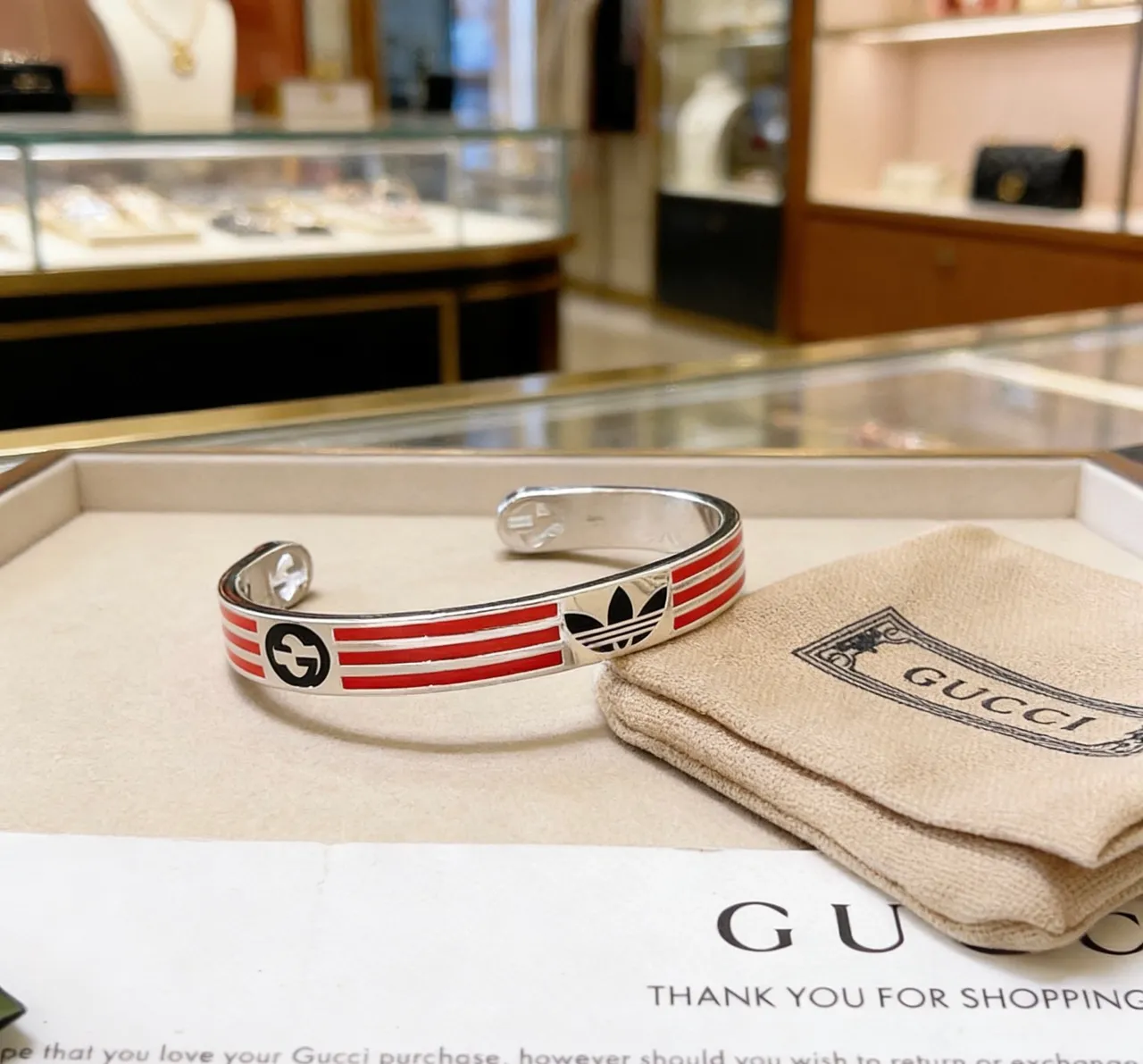 Gucci x Adidas Enamel Stripe Dual-Logo Open Cuff Bracelet 6