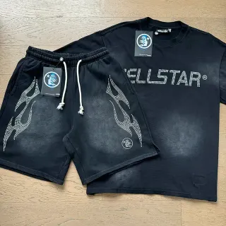 Hellstar काला सफेद राइनस्टोन फ्लेम ग्राफिक्स एसिड-वॉश फैब्रिक टी-शर्ट