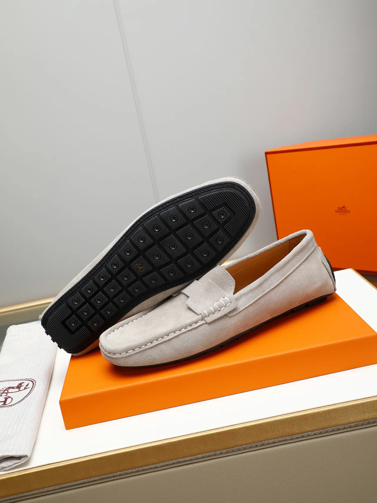 Hermès Beige Black Suede Upper Penny Silhouette Loafer 4