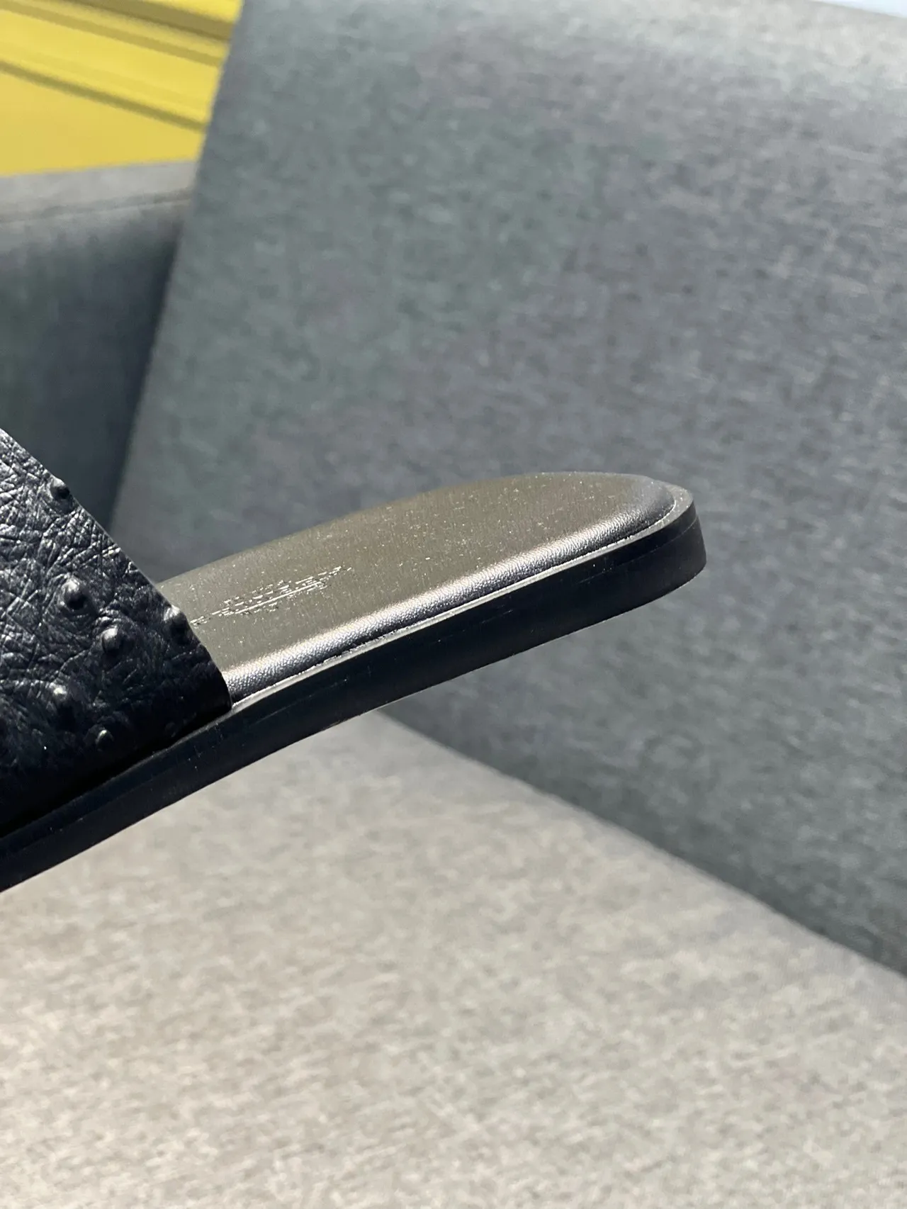 Hermès Black H-Shaped Strap Ostrich-Textured Leather Slippers 2