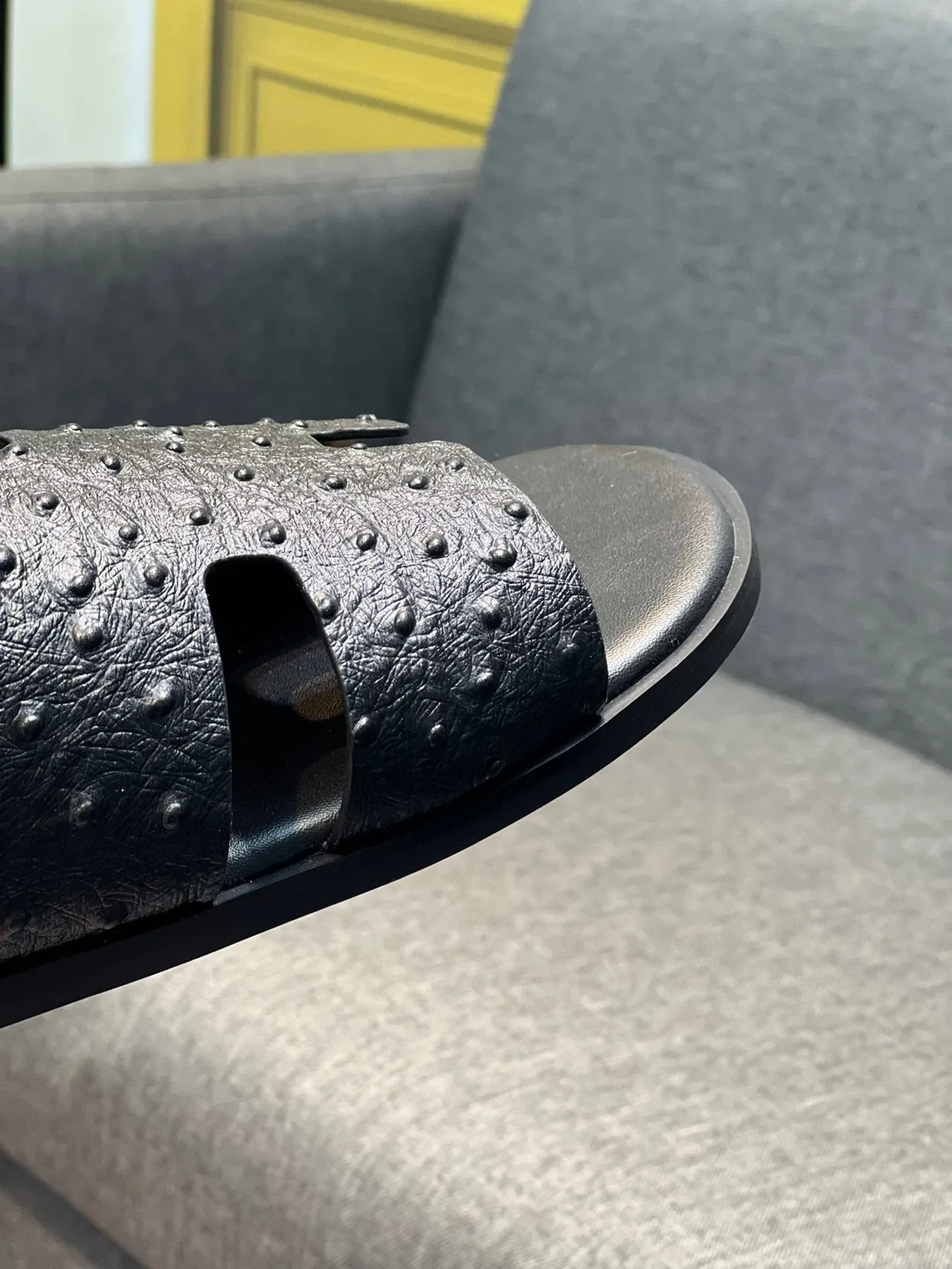 Hermès Black H-Shaped Strap Ostrich-Textured Leather Slippers 4