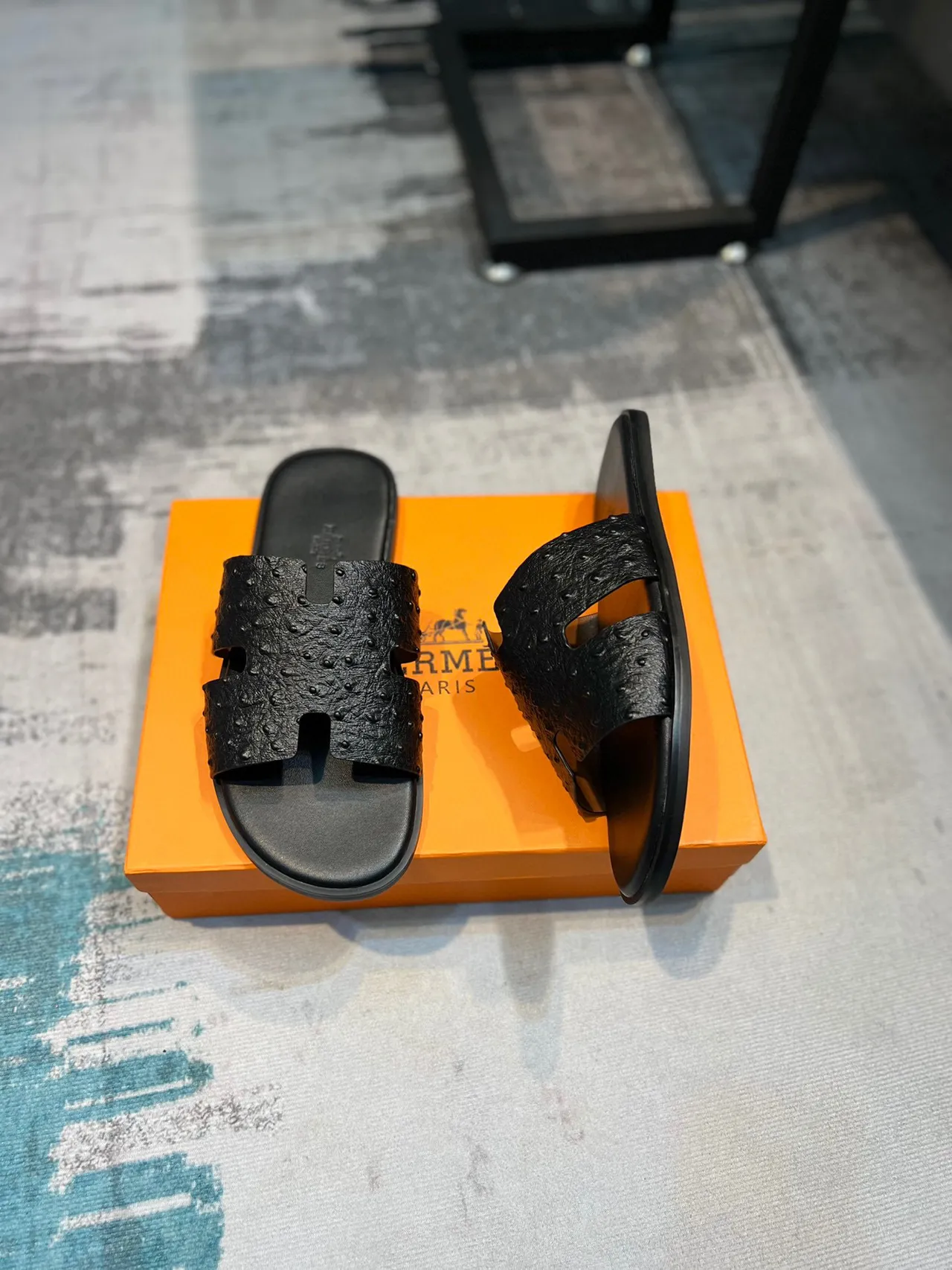 Hermès Black H-Shaped Strap Ostrich-Textured Leather Slippers 5