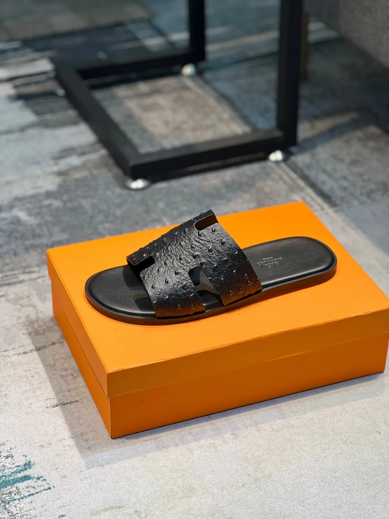 Hermès Black H-Shaped Strap Ostrich-Textured Leather Slippers 9
