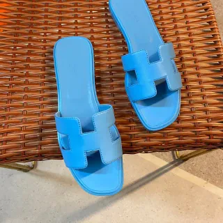 Hermès Blue H-Shaped Strap Flat Sole Slippers