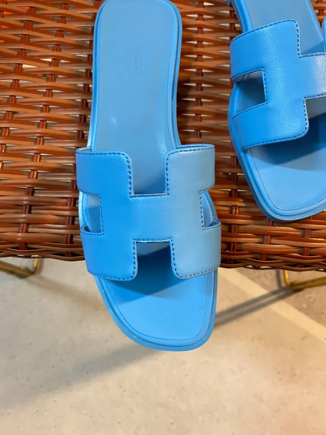 Hermès Blue H-Shaped Strap Flat Sole Slippers 5