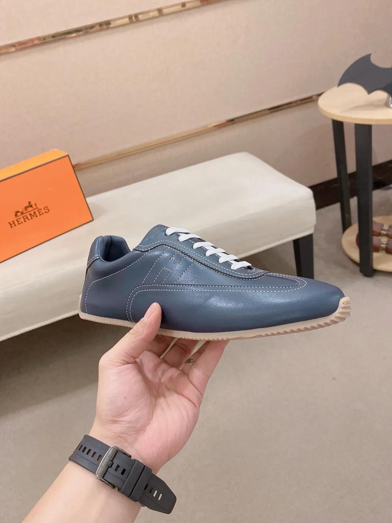 Hermès Blue White Leather Upper Stitched H Logo Lifestyle Sneakers 4