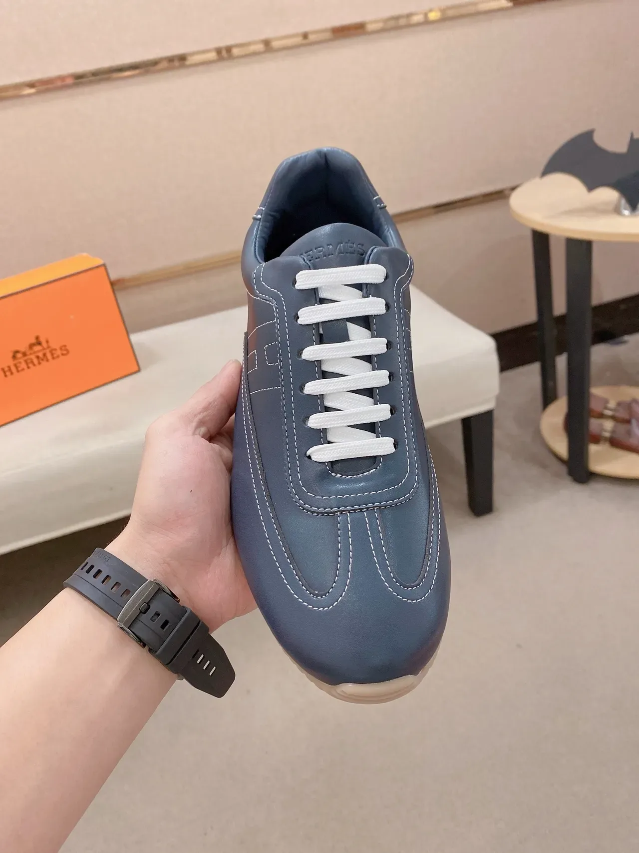 Hermès Blue White Leather Upper Stitched H Logo Lifestyle Sneakers 5