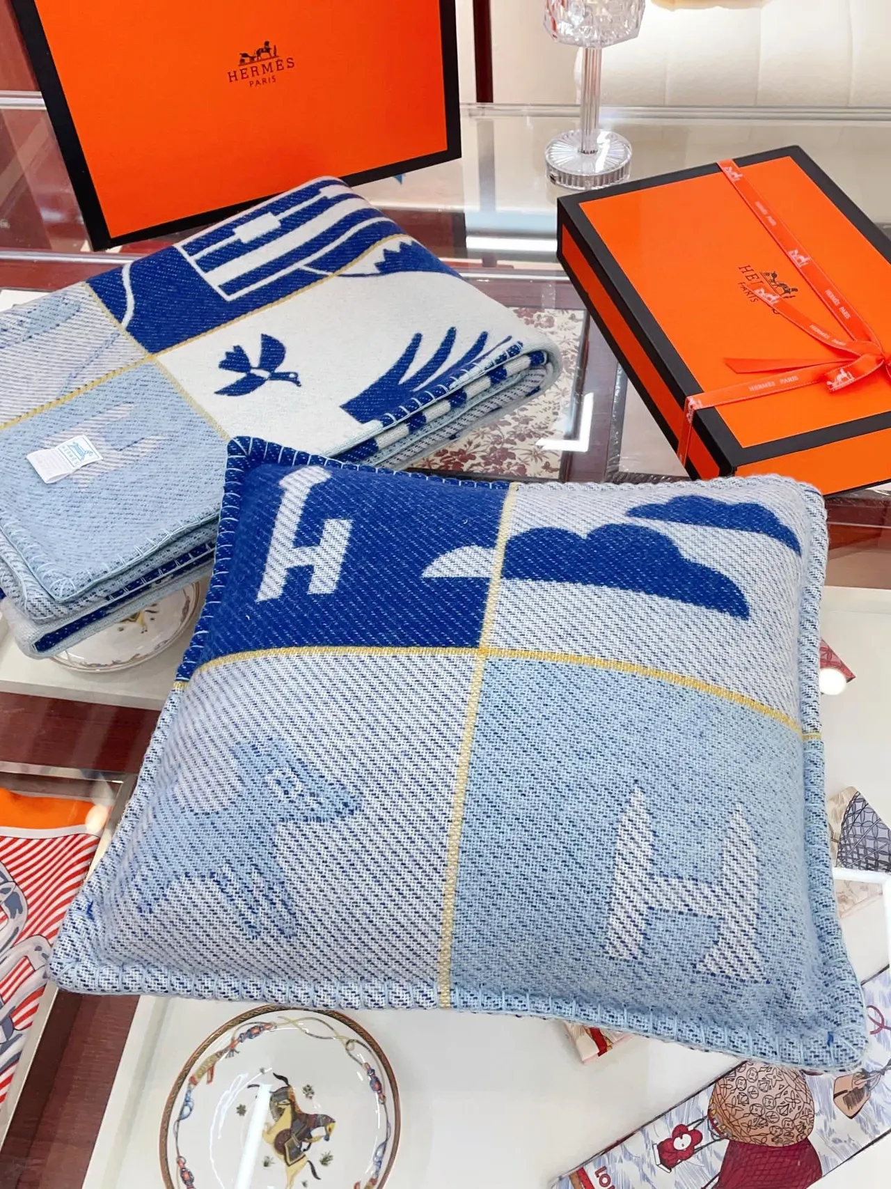 Hermès Bleu Blanc Tissé Laine Texturé Motif Géométrique Étoile Écharpe 7