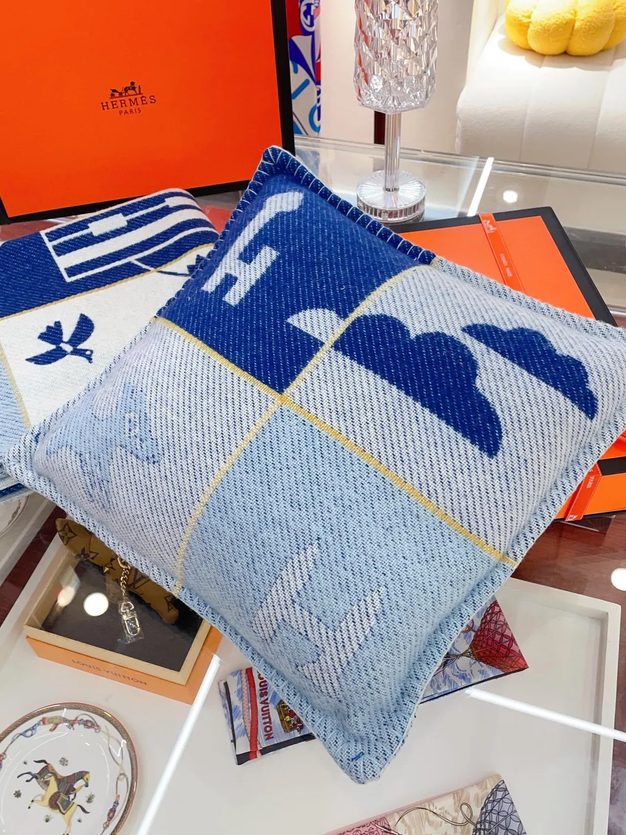 Hermès Bleu Blanc Tissé Laine Texturé Motif Géométrique Étoile Écharpe 8