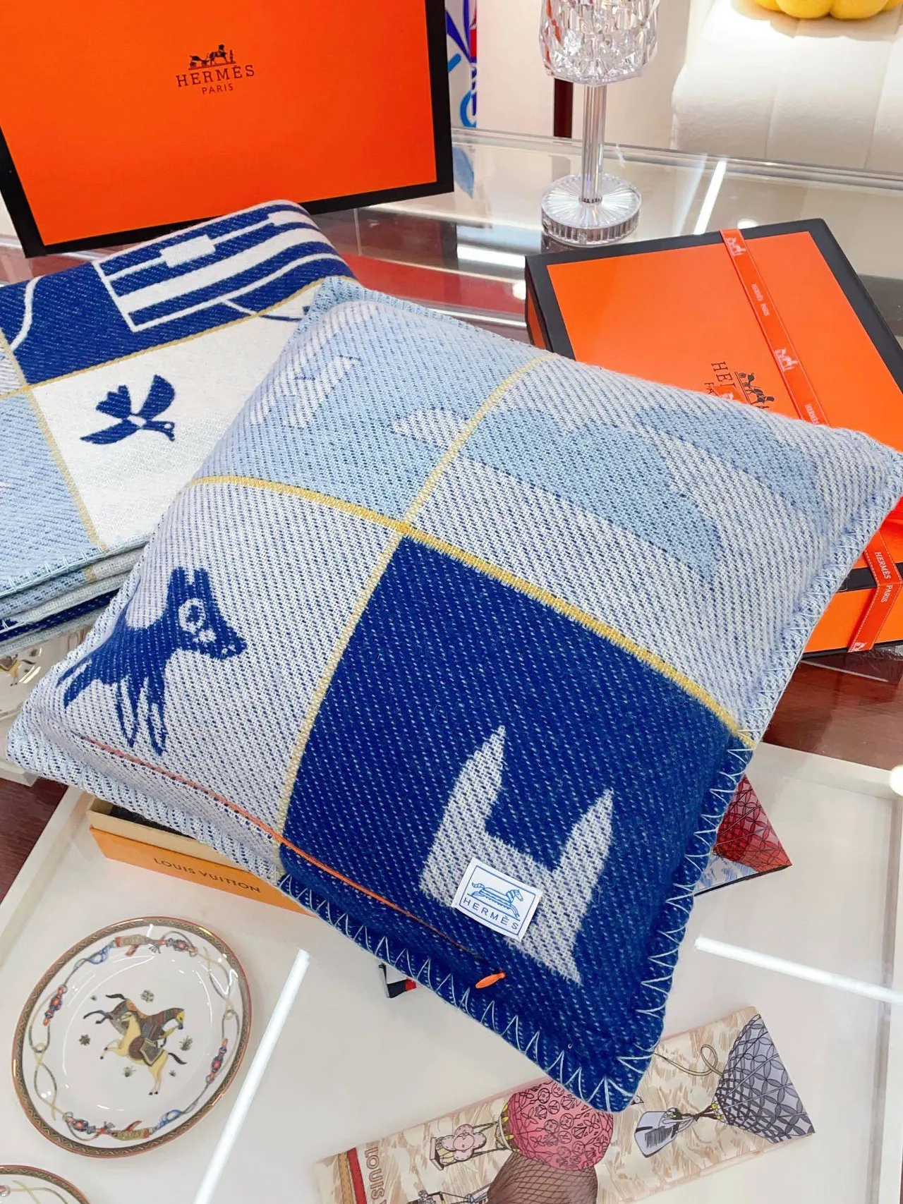 Hermès Bleu Blanc Tissé Laine Texturé Motif Géométrique Étoile Écharpe 9