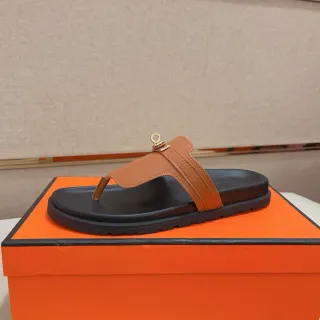 Hermès Brown Black Tan Leather Thong Strap Gold-Tone H Hardware Slippers