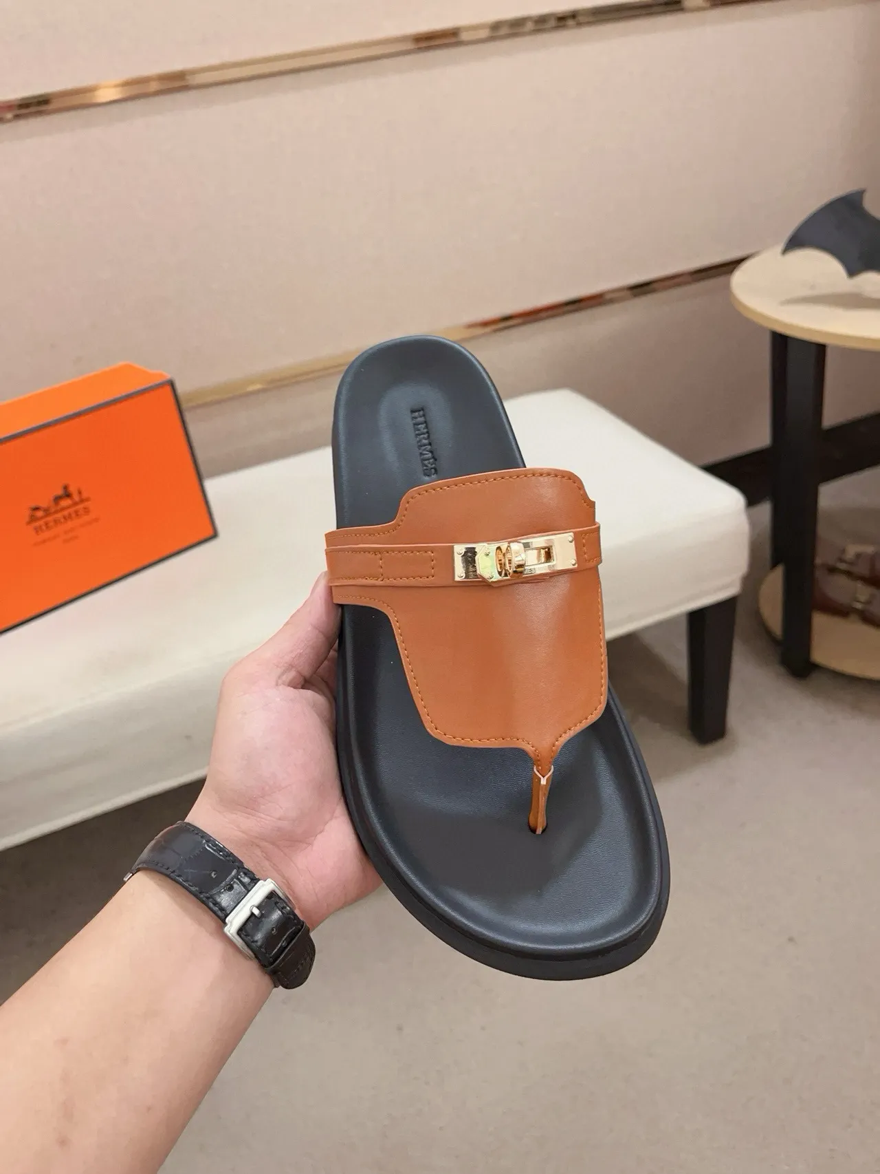 Hermès Brown Black Tan Leather Thong Strap Gold-Tone H Hardware Slippers 2