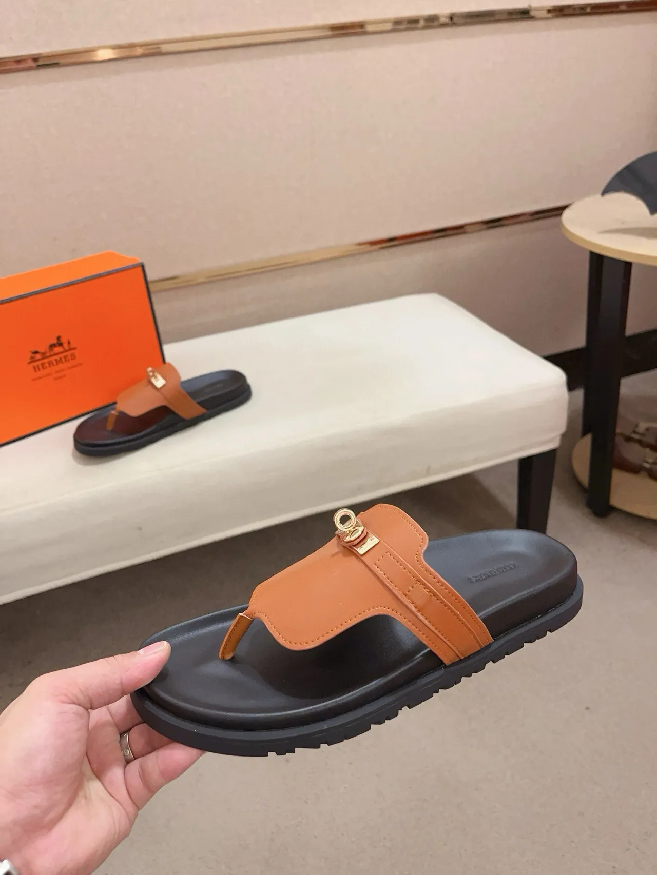 Hermès Brown Black Tan Leather Thong Strap Gold-Tone H Hardware Slippers 3