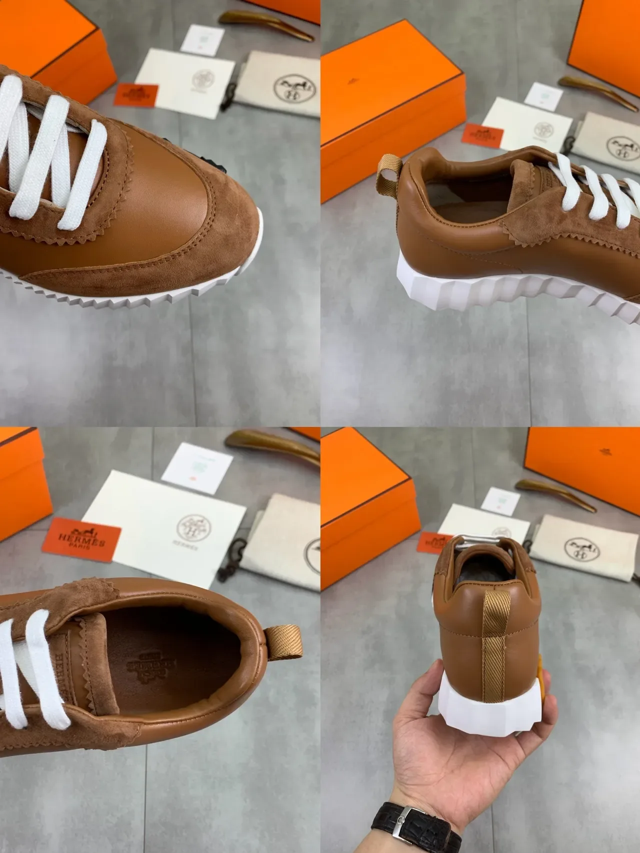 Hermès Sneakers Lifestyle Marron Blanc Tan Cuir Et Daim Lacets Plans 2