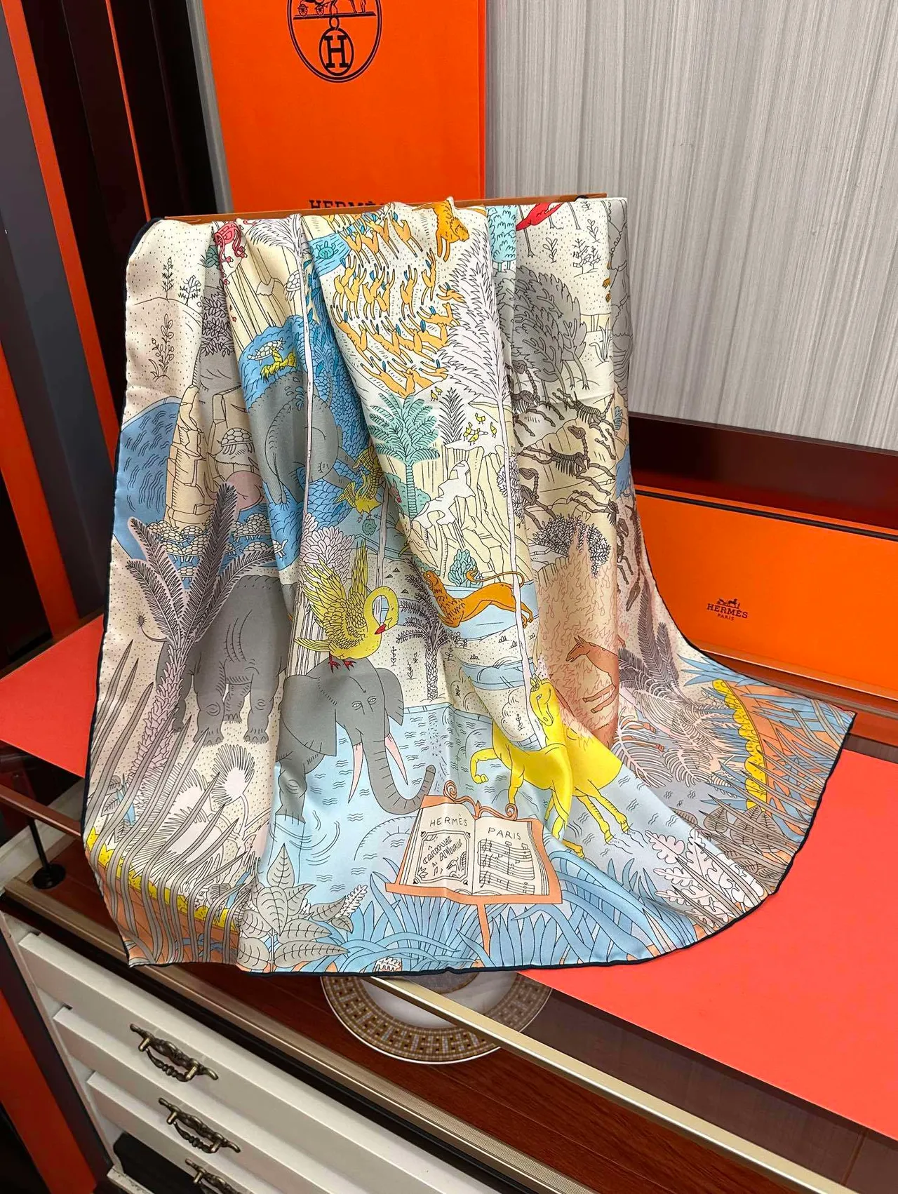 Hermès Carré Blue Multicolor Square Hand-Rolled Hem Silk Scarf 5