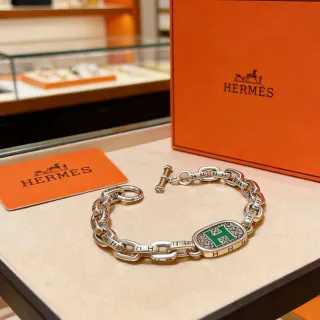 Hermès Chaîne d'Ancre Pulseira de elos de corrente prateado verde com esmalte medalhão H