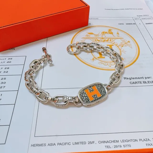 Hermès Chaîne d'Ancre Pulseira de elos de corrente prateado verde com esmalte medalhão H 2