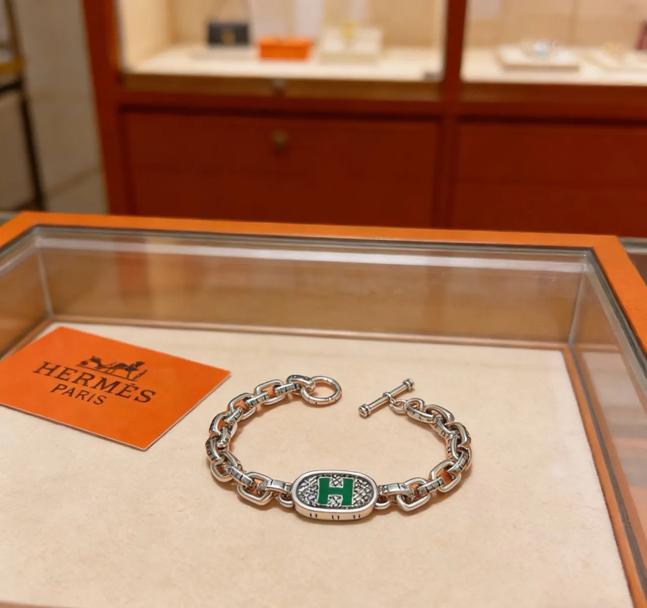 Hermès Chaîne d'Ancre Pulseira de elos de corrente prateado verde com esmalte medalhão H 8