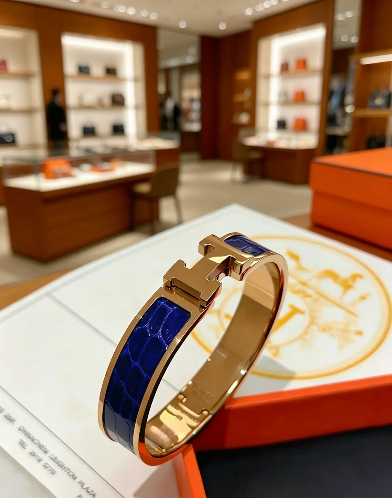 Hermès Clic H Blue Enamel Alligator-Texture Rose Gold Bracelet 4