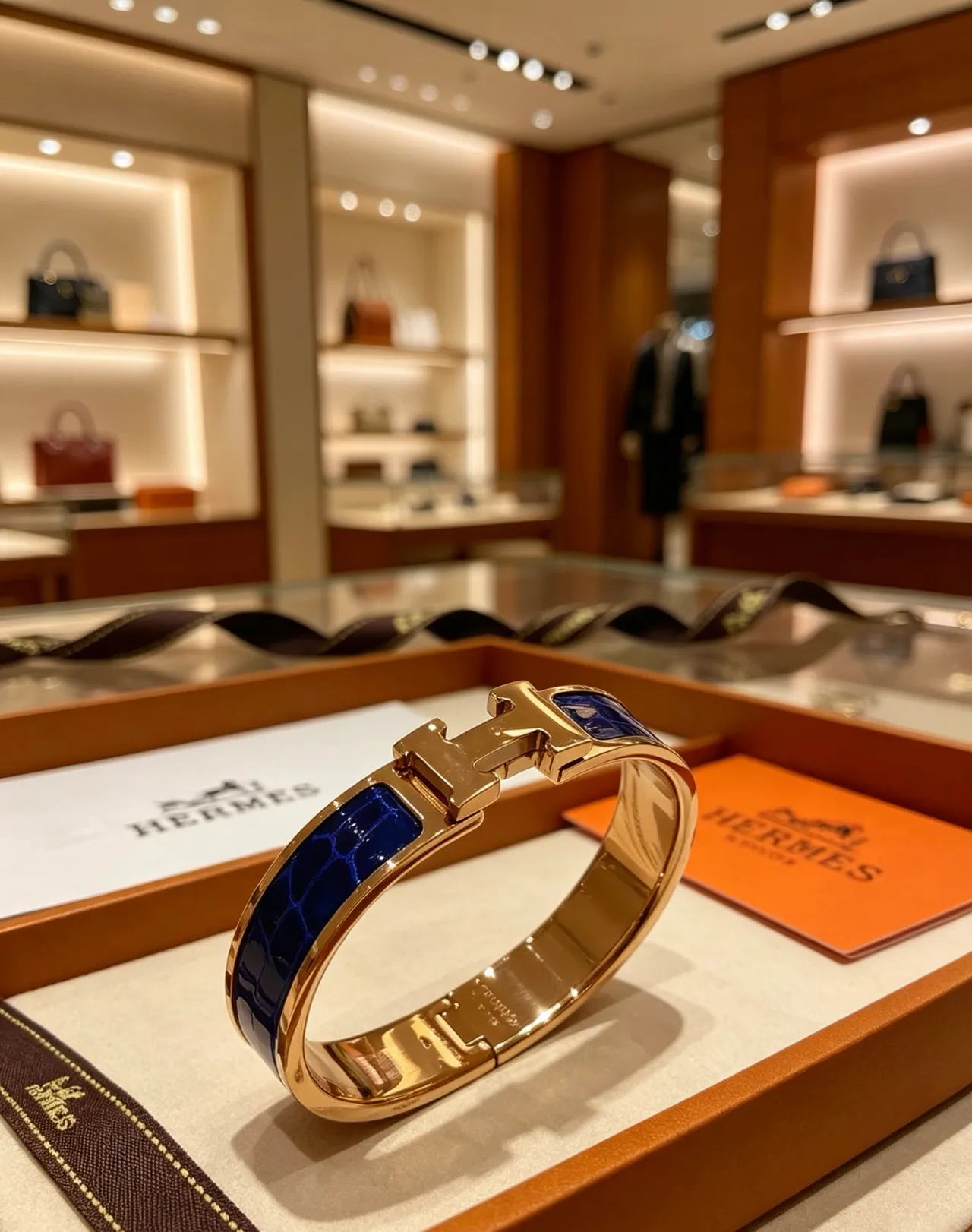 Hermès Clic H Blue Enamel Alligator-Texture Rose Gold Bracelet 6