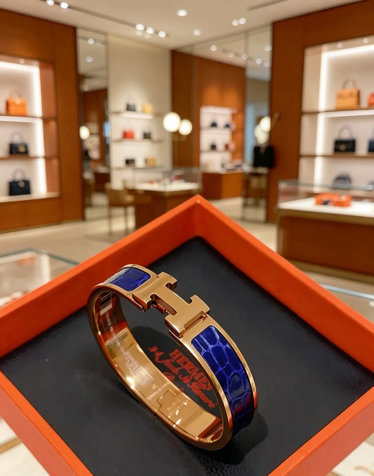 Hermès Clic H Blue Enamel Alligator-Texture Rose Gold Bracelet 7