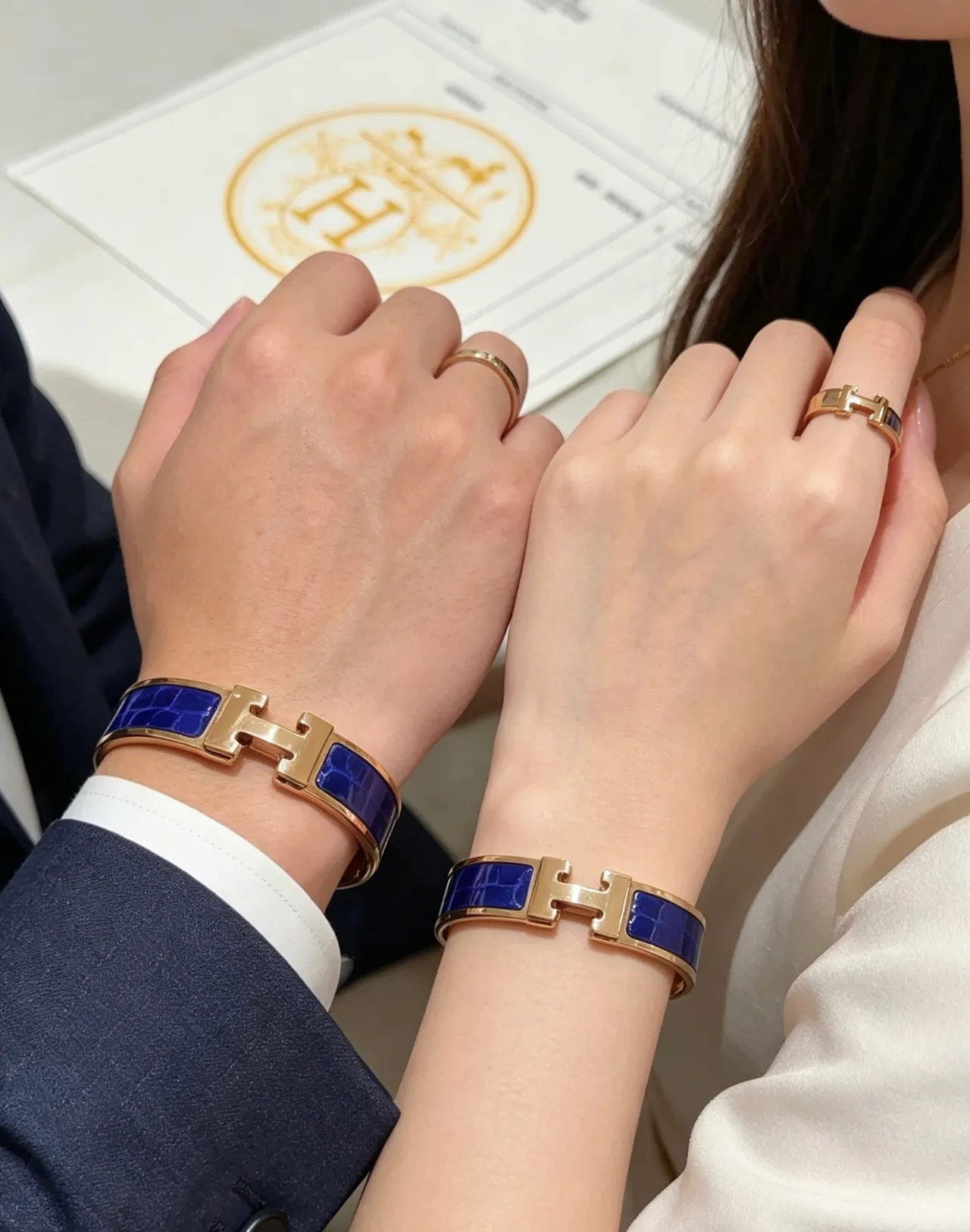 Hermès Clic H Blue Enamel Alligator-Texture Rose Gold Bracelet 8